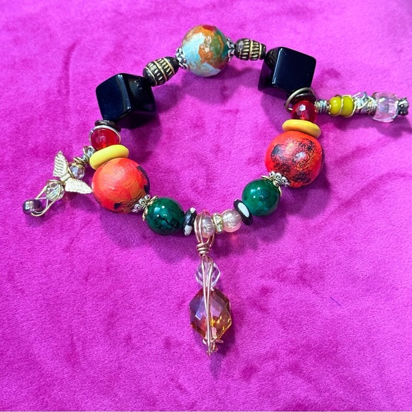 Handmade one-of-a-kind hand painted bracelet with charms ethnic tribal boho 3130 - Picture 2 of 11